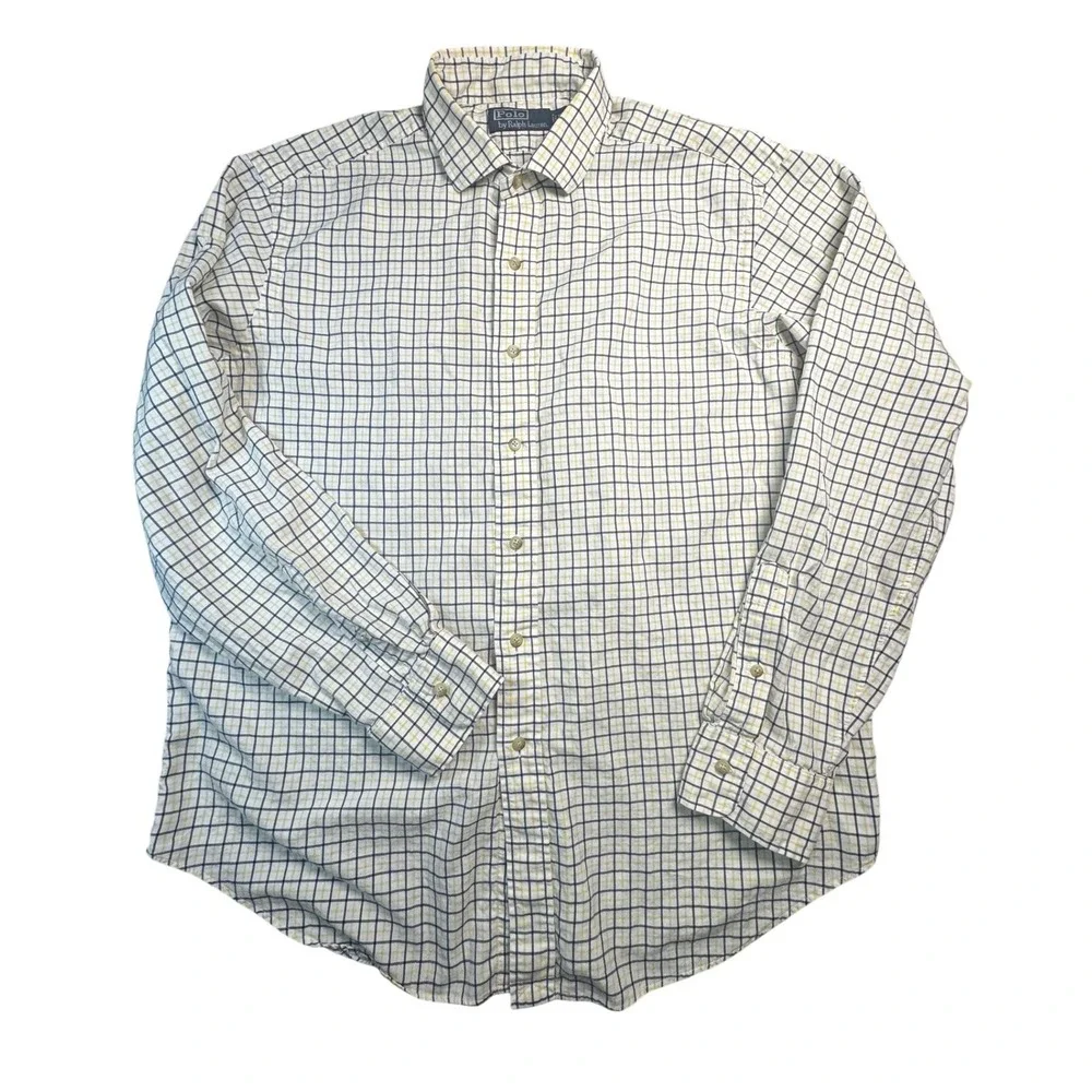 Polo Ralph Lauren Mens XL Button Down Shirt Yellow Navy Blue Grid Check Long Slv